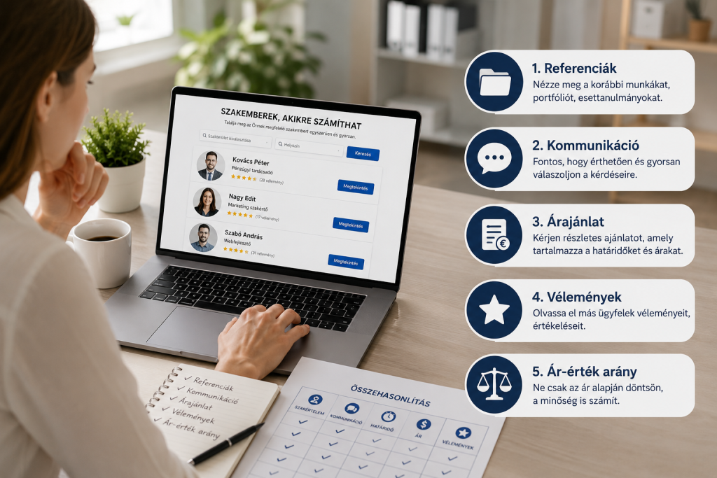 Online szakember kiválasztása referenciák, vélemények és ajánlatok összehasonlításával