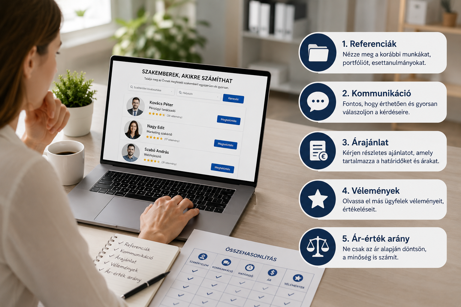 Online szakember kiválasztása referenciák, vélemények és ajánlatok összehasonlításával